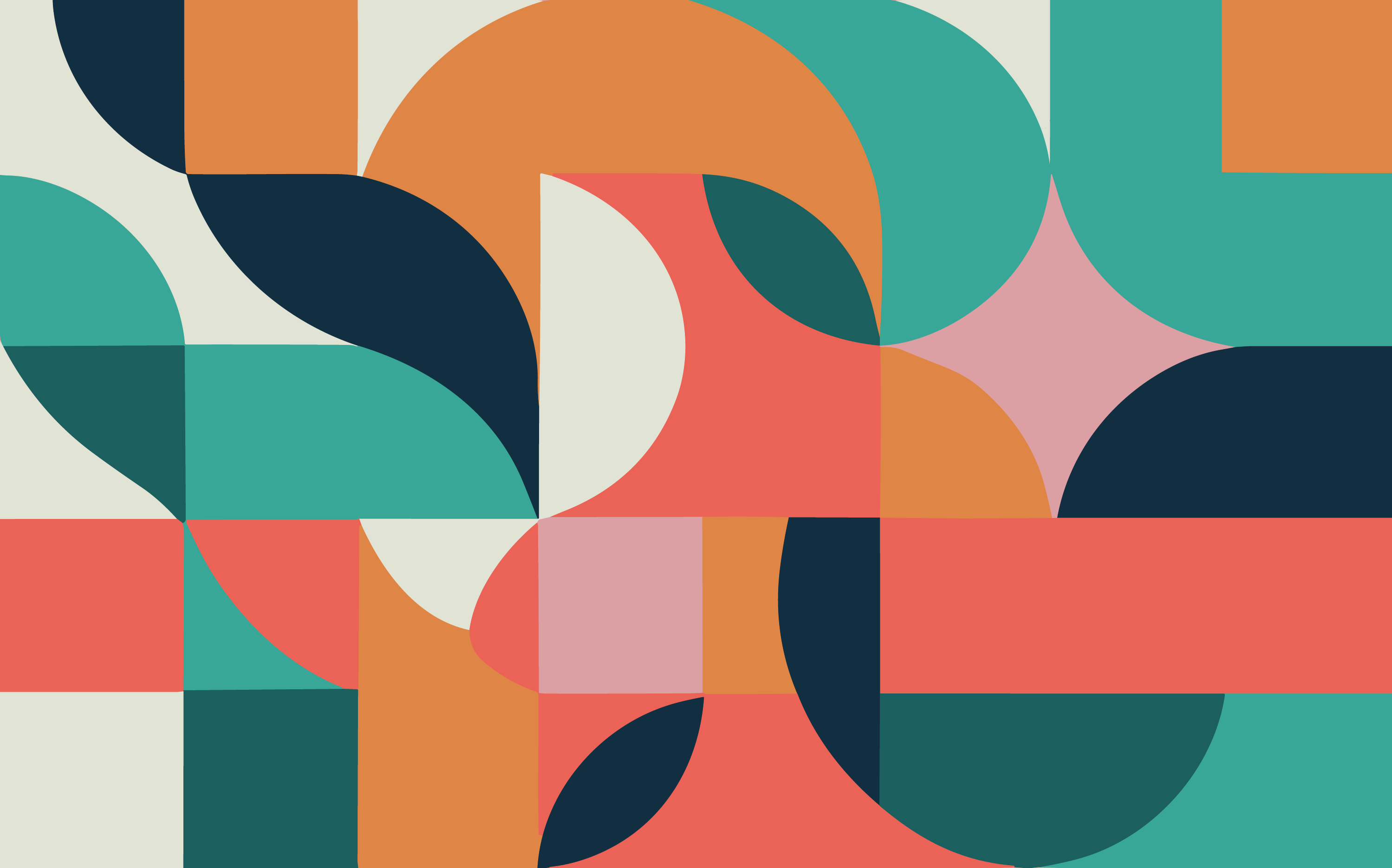 Abstract geometric composition of interlocking shapes in teal, coral, orange, navy and cream