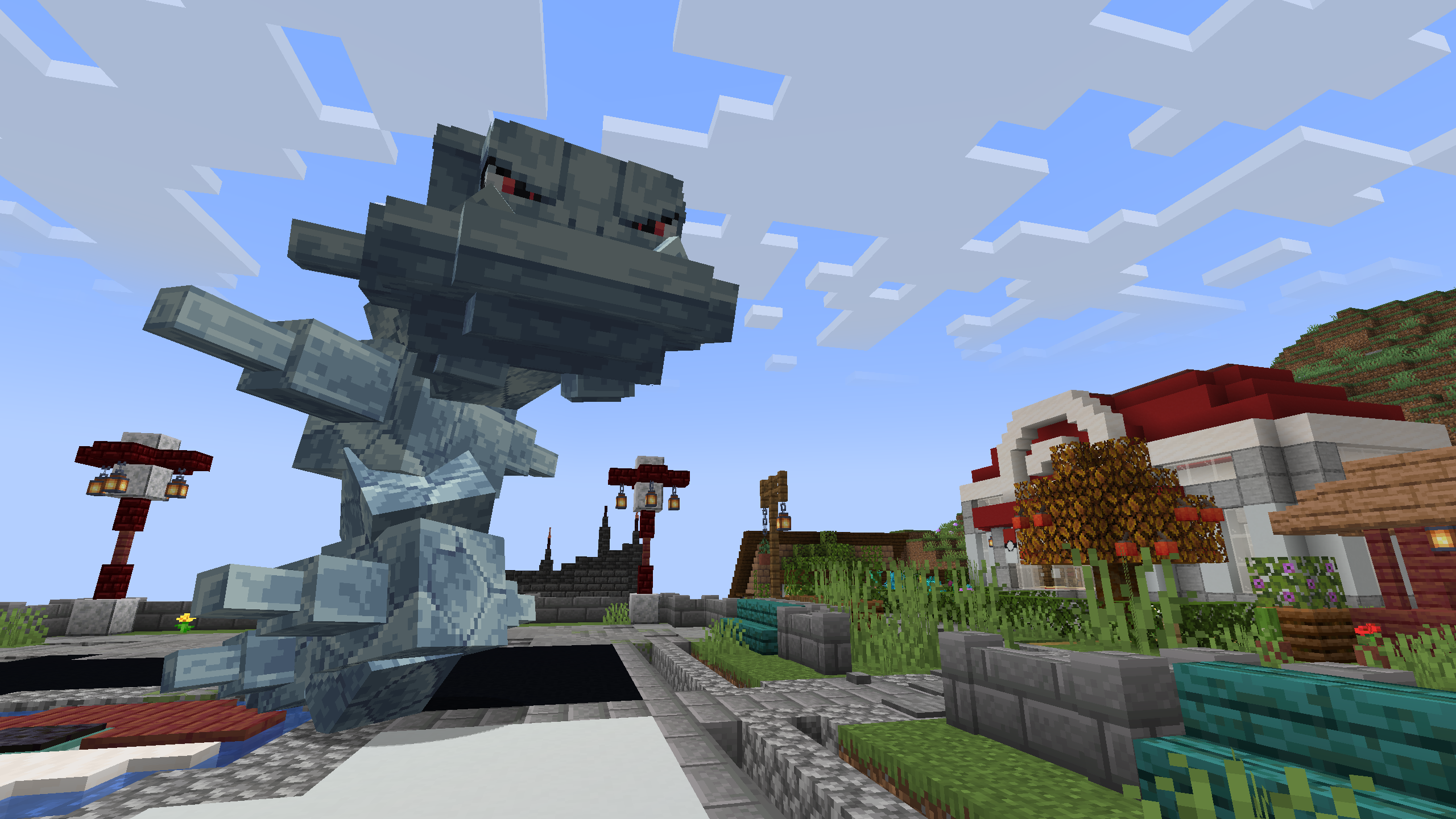 Cobblemon world featuring a large Pokémon beside a red-and-white Pokémon Center-style building