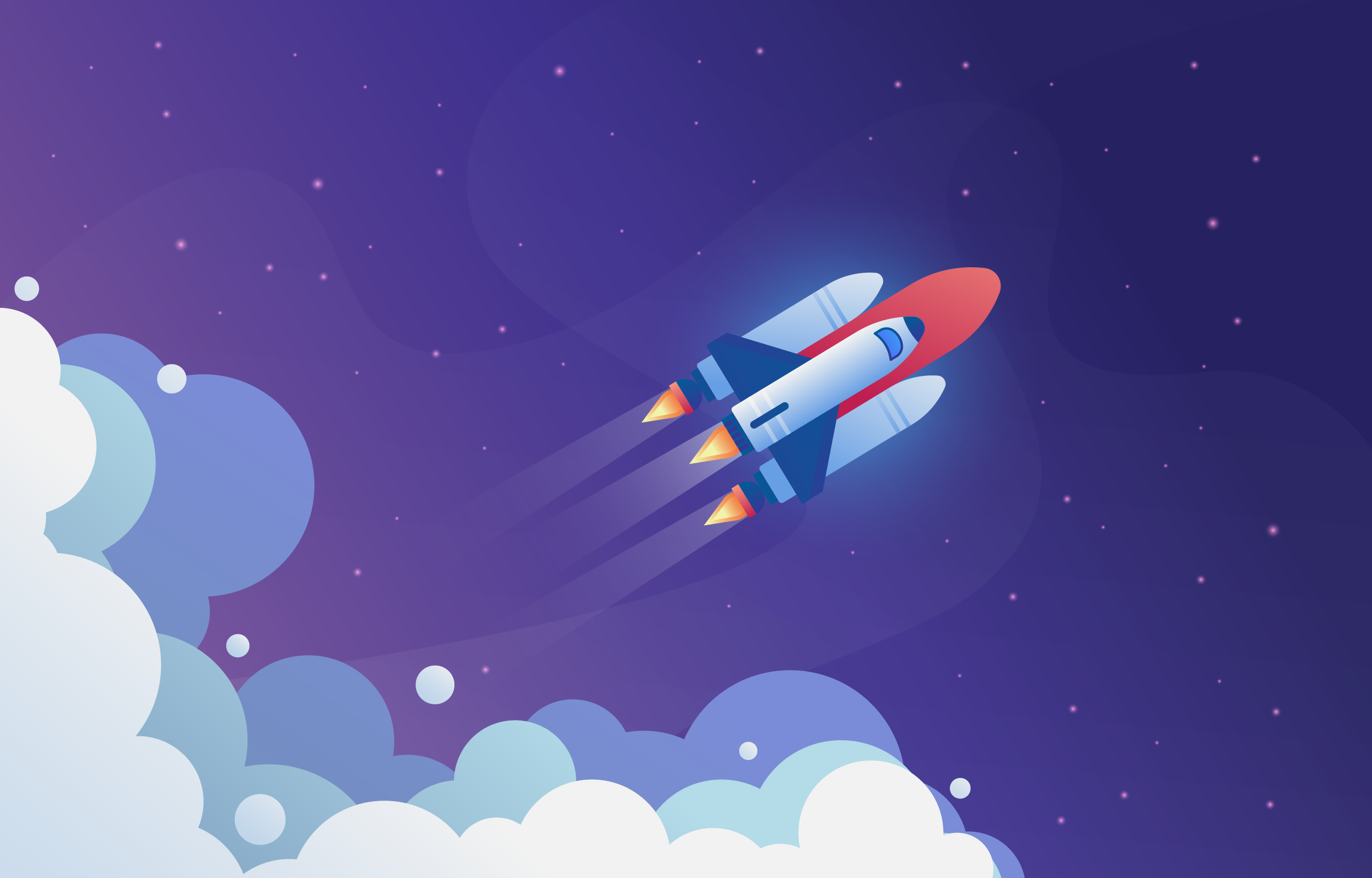 A colorful rocket blasting off into the starry sky.